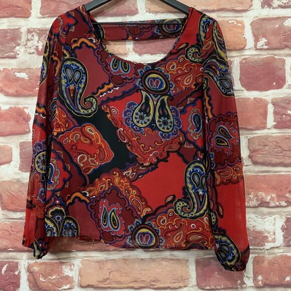 Vintage Sunny Leigh Top Women's Large Red Multicolor Boho Paisley Floral Shirt - Picture 5 of 7